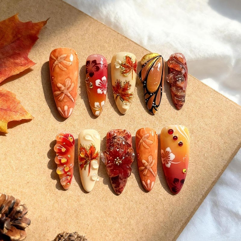 SEENEEY Fall Long Press on Nails Almond Fake Nails Red Maple Leaves Designs Artificial Nail Black Butterfly Designs Floral Stick on Nail for Women 30pcs - Image 1